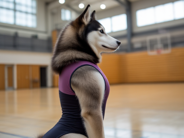 An Alaskan malamute wearing a gymnastics leotard in a gymnasium