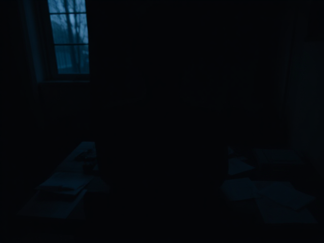 A mysterious, dimly lit scene where a person is seen from behind, sitting at a desk covered in scattered papers and a glowing laptop screen. The viewer can only see the silhouette of the figure, adding to the intrigue. The room around them is dark, with just a faint hint of light seeping through the window, suggesting something significant is happening inside. On the desk, there are shadows of unknown objects, making viewers wonder what the person is working on or discovering. The overall mood is secretive,