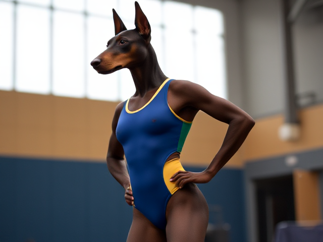 Anthropomorphic Doberman wearing a gymnastics leotard, posing with emphasis on its hips in a gymnasium setting, detailed and vibrant colors