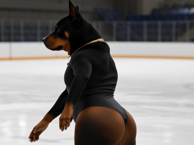 A anthropomorphic Rottweiler with large hips ice skating wearing a gymnastics leotard in a ice rink