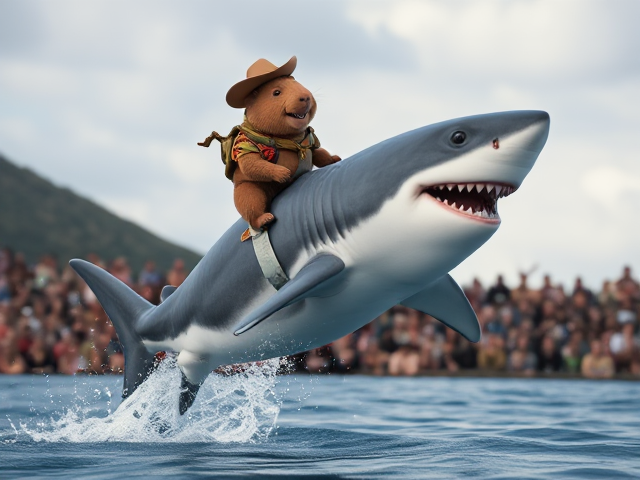 A cute smiling capybara wearing a cowboys outfit riding on the back of a happy great white shark who is jumping out of the water and winking at the audience and is wearing floaties