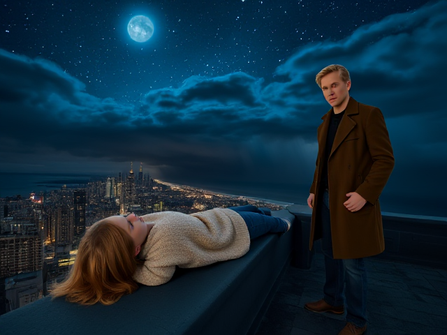 A petite 12-year-old girl with strawberry blonde hair, wearing a cozy pullover and jeans, is lying on the roof ledge of a night club. She is on her back, gazing up at the night sky filled with stars. Next to her on the roof, standing nearby is a modern-day, pale skinned vampire in his late twenties, with striking blonde hair, dressed in a brown trench coat and jeans. He appears uneasy as he looks downward. A storm approaches the cityscape from the nearby shoreline.