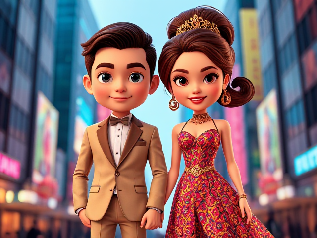 one male and one female cute cartoon characters for a wedding invitation
