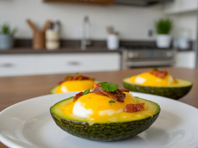 on a well appointed table in an attractive kitchen sits a serving of Keto Avocado Egg Boats.
Creamy avocado halves are filled with eggs, bacon, and gooey melted cheese, then baked to perfection. This quick and satisfying breakfast pairs healthy fats with protein for a delicious keto-friendly option. Garnish with fresh herbs for an extra pop of color and flavor.
