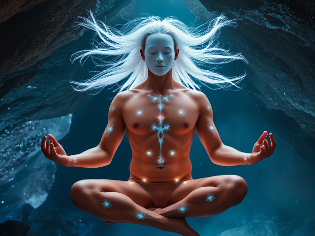 Homme torse nu en lévitation, porte un masque blanc sans visage, cheveux blancs et longs flottant autour de lui, lumières vibrantes courant le long de tout les méridiens chinois sur un corps, y compris les bras et la tête, iridescent et légèrement translucide révélant un réseau complexe de lumière intérieure. Il est assis en position du lotus dans une ambiance mystique et lumineuse, mettant en avant l'énergie vitale et la spiritualité. Environnement d'une grotte remplie de cristaux scintillants en arrière-plan, avec une douce brume accentuant l'atmosphère spirituelle. Détails raffinés des muscles illustrant l'harmonie entre le physique et le spirituel