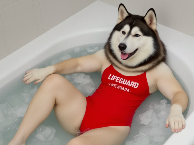 A anthropomorphic alaskan malamute wearing a red lifeguard one piece swimsuit sitting in a ice bath relaxing her sore muscles
