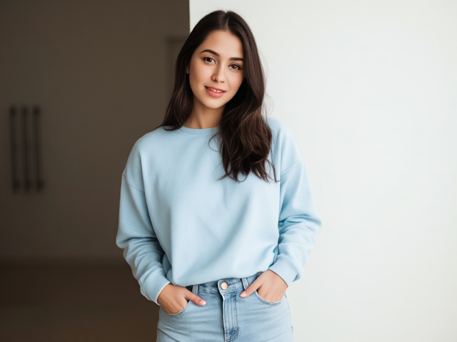 Brunette with dark brown hair wearing a light blue sweatshirt and light blue jeans