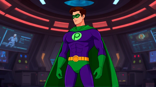 Modern Cartoon scene: A young, Autistic 25-year old boy with light skin and flat, smooth, and slick brown hair named T.J. Granger, but transformed into a genetically-altered superhero named Powerman, who, despite still being a young adult kid, has an extremely muscular body. He wears a sleek purple suit with a green P symbol on his chest, a gold belt with a circular buckle, green briefs, green boots, green long-cuffed gloves, a really big, toe-length long, ultra-wide green cape wreathed around his neck, and a green eye mask that protects his true identity. He also has incredible and invincible superpowers flowing through his veins. In this scene, Powerman is currently standing in the main control room inside an alien mothership that he secludes as his secret lair, talking to the ones who gave him his powers and altered DNA, his Masters, a pair of alien scientists named Zax and Yil, receiving information about his next mission.