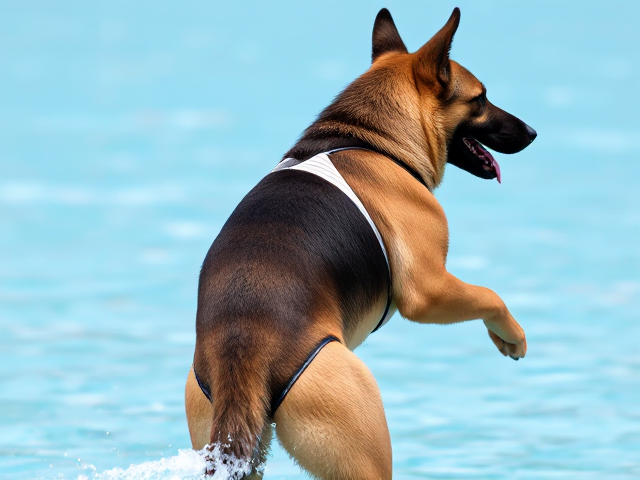 Anthropomorphic German shepherd in a water polo swimsuit, detailed fur texture, athletic build, dynamic pose