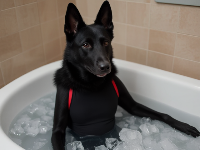A anthropomorphic black German shepherd wearing a gymnastics leotard in a bath tub full of ice