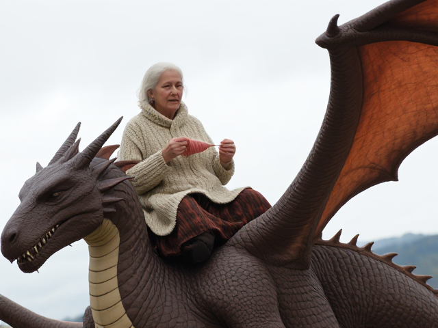 Old woman knitting a sweater while riding a giant dragon