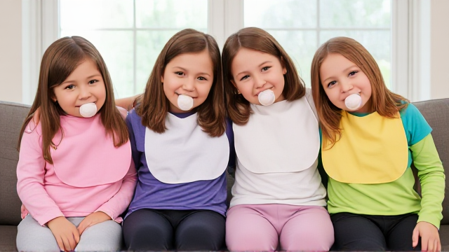 Quatre filles adolescentes aux cheveux lisses et dégagé et de différentes couleurs a l'avant assis dans un canapé avec des très grands bavoirs de différentes couleurs et des tétines en bouches elles sont en tee-shirts manches longues de différentes couleurs que les Bavoirs et avec des pantalons elle se font un gros câlin et il y a une grande fenêtre derrière le canapé
