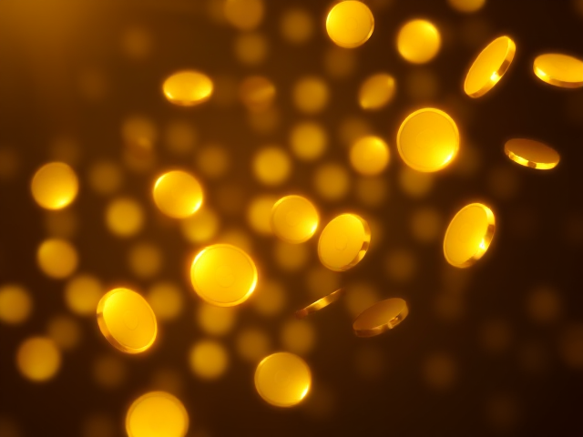 Add 10  scattered, glowing golden coins across the top-right section of the image. The coins should vary in size and appear to be falling, creating a dynamic effect. Make the coins shine with a soft golden glow, and ensure their edges are sharp for clarity. Add a subtle reflection or shimmer to make them look realistic and emphasize the idea of wealth.