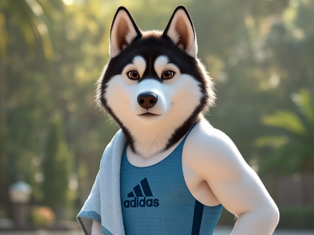 A tall anthropomorphic Siberian husky wearing a adidas swimsuit drying off with a towel 27826409