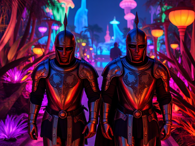 A dark-skinned knight with a helmet on of African descent, clad in ornate armor, walking beside another similar knight with a helmet through a vibrant neon-lit garden, filled with glowing plants and surreal landscapes