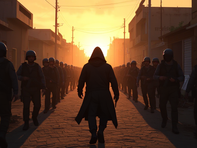 A hooded figure walking towards of enemy soldiers as he protects the people in Palestine Image in the art style of the video game Until Dawn.