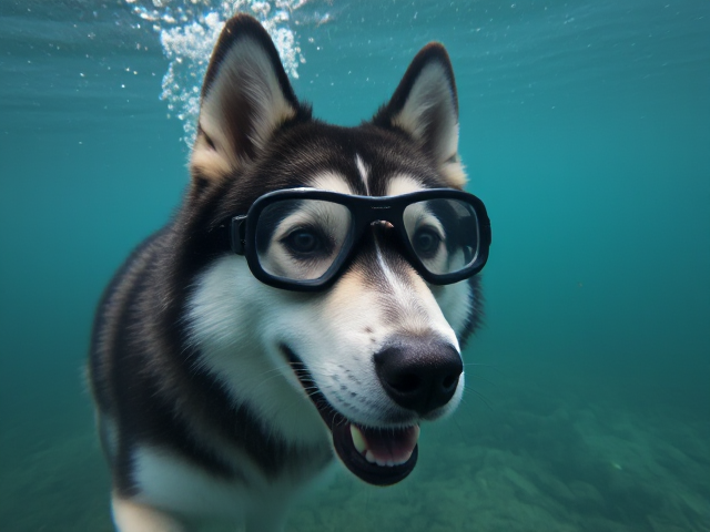 An Alaskan malamute wearing Freediving goggles underwater