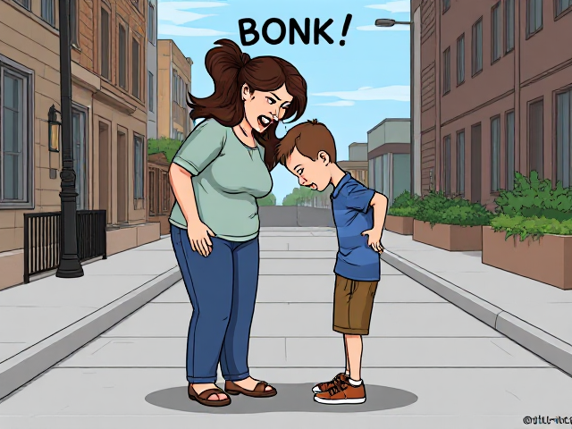 A full body, cartoon image of a tall angry  mom,  she is holding her  two son’s  and is banging their foreheads together. They are all standing on a sidewalk. The boy’s foreheads are touching together, mom’s hands are on the back of their necks. The boys are crying. The word: BONK! Written above
NOTE: (ALWAYS SHOW THE TWO
BOY’S FOREHEADS PUSHED TOGETHER TOUCHING