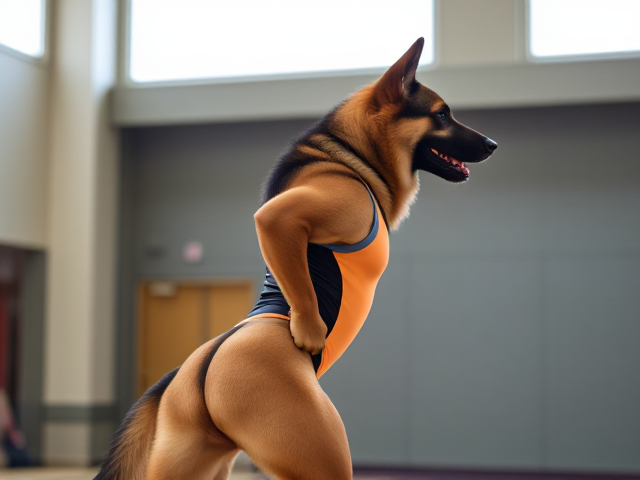 Anthropomorphic German shepherd with strong hips, wearing a colorful gymnastics leotard, performing in a gymnasium setting, dynamic pose