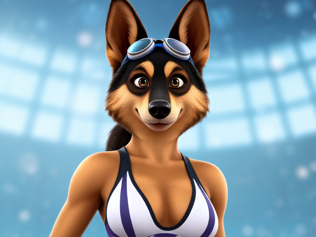 A tall anthropomorphic female German shepherd Olympic swimmer with a long torso and broad shoulders wearing a racing swimsuit and goggles