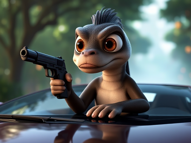 Singe avec un pistolet et une cigarette sur le capot d une Lamborghini