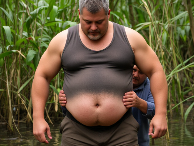 A broad sturdy man is dressed in a tight cut sleeveless shirt that hugs his broad chest and arms, showing off his sturdy build. The shirt is cut short, revealing his rounded belly, including a small, somewhat deep belly button that sits in the center of his soft midsection. He’s also wearing rugged work pants, which add to his solid, hardworking appearance. His face, framed by short gray hair and a trimmed beard, remains strong with a confident, focused look. This man is in a swampy jungle, with an old smaller man rubbing big man’s belly from behind. Man looks tentatively behind to his master as he runs his belly