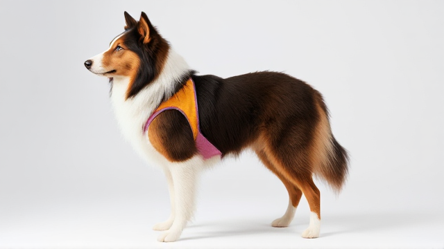 Rough collie anthropomorphic, standing on two legs, wearing a colorful leotard, detailed fur texture, bright lighting, realistic proportions