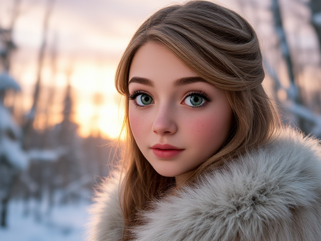 Vikikng, teen girl, light green eyes, sandy brown hair, freckles, in a snowy forest wearing furs