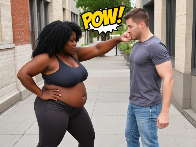 A bare knuckle fist fight, between a fat muscular black female and a slender white male. They   are standing on a sidewalk. The woman is dressed in a tank top and stretch pants. The white male is dressed in jeans & t shirt., The black female connects  with a powerful straight Punch to the white man’s mouth. 
The word: POW! . Written in classic comic book style appears above.