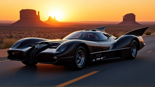 A bold and aggressive 1964's inspired Batmobile blending American muscle car heritage with futuristic elements. Wide stance, flared wheel arches, and a massive V8 engine with chrome details. The body is painted in metallic black with white racing stripes, paying homage to classic American cars. Background is a desert road with Monument Valley in the distance under a golden sunrise. Photorealistic rendering, 16K resolution., photo, cinematic, illustration