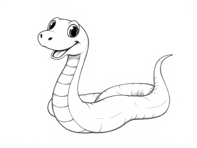 A high-quality, clear sketch of a joyful cartoon-style snake with clean and bold outlines. The snake is depicted in full body view on a plain white background, designed for a children's coloring book. There is no shading or color; the lines are smooth, continuous, and without shadows.