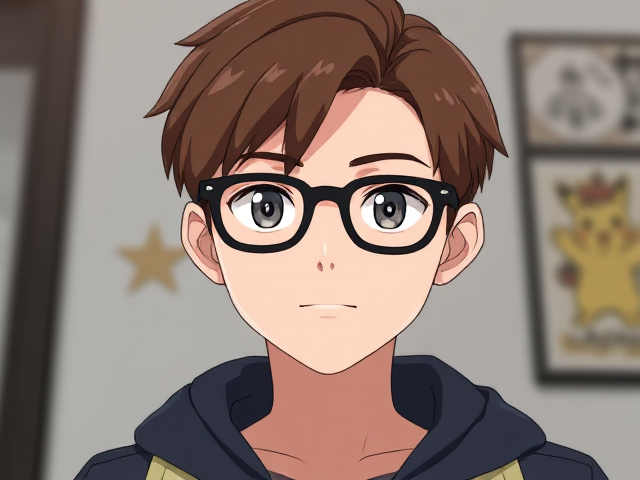 The personnage have a black glaces with court brun hair is a man the âge is ten year is à Fan of Pokémon