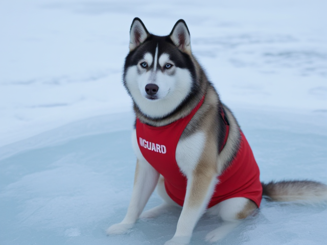 A Anthropomorphic Alaskan malamute wearing a red lifeguard swimsuit sitting in a ice bath