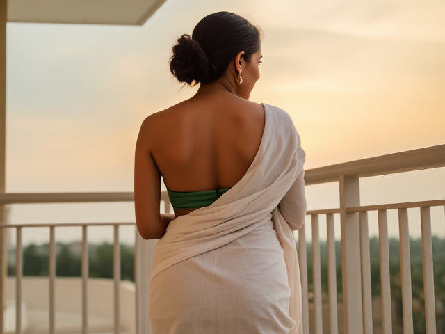 Skinny Indian woman's back turned on a balcony with a white saree on