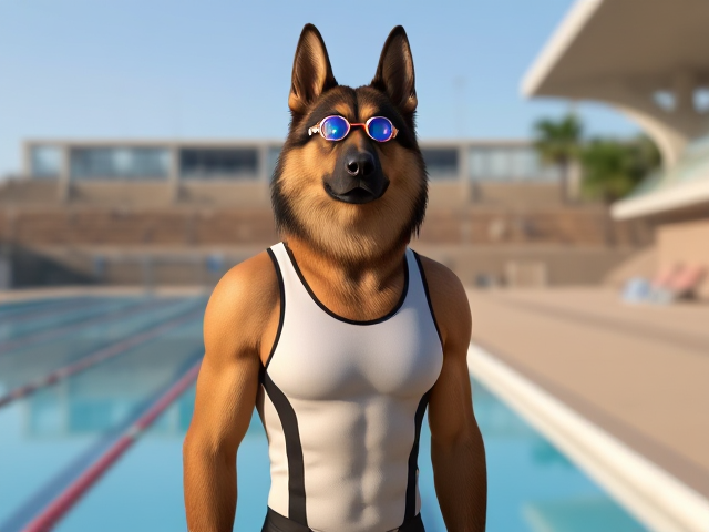 A tall and slender anthropomorphic long-haired German shepherd with a long torso and broad shoulders, wearing a racing swimsuit and swimming goggles while standing next to a Olympic-Sized swimming pool