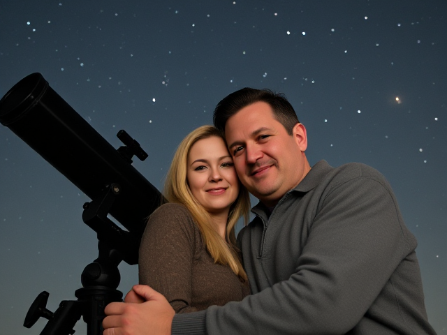 Show an image of a blonde 40 year old woman cuddling with a 62 year old taller man beside a telescope with stars overhead. The man has dark hair and is clean shaven