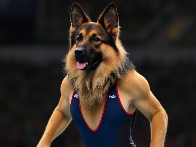 A anthropomorphic long haired German shepherd Olympic swimmer wearing a high cut one piece swimsuit