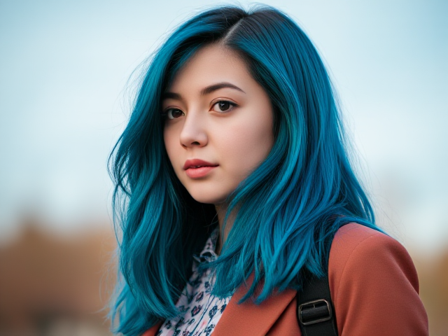 An eye-catchingly dressed blue-haired college girl with large eyes'