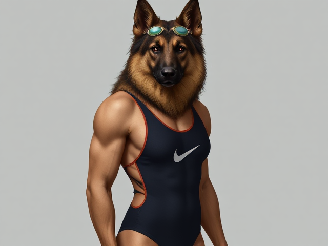 A tall anthropomorphic long haired German shepherd with a long torso and broad shoulders wearing a high cut Nike one piece swimsuit and swimming goggles