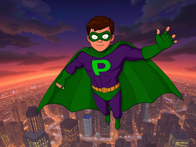 Dramatic Cartoon scene: A young, Autistic 25-year old boy with light skin and flat, smooth, and slick brown hair with a singular curled bang in the shape of a P sticking out at the front named T.J. Granger, but transformed into a genetically-altered superhero named Powerman, who, despite still being a young adult kid, has an extremely muscular body. He wears a sleek purple suit with a green P symbol on his chest, a gold belt with a circular buckle, green briefs, green boots, green long-cuffed gloves, a really big, toe-length long, ultra-wide green cape wreathed around his neck, and a green eye mask that protects his true identity and also causes his pupils to magically disappear as his eyes glow an eerie white. He also has incredible and invincible superpowers flowing through his veins. In this scene, Powerman is currently floating, levitating, and hovering still in place in the air high above the city of Toronto, searching for trouble.