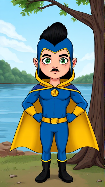 Cartoon scene: A preteen 12-year old boy with light skin and freckles on his cheeks named Kyle Lipton, but transformed into a superhero named Dr. Dimensionpants, who, despite still being a kid, has an extremely muscular body. He wears a tight blue hood outlined by a yellow line that covers the back half of his head and leaves his ears exposed, with a smooth, slicked back black mohawk on top. He also wears a sleek blue bodysuit outlined with yellow lines on the cuffs of the sleeves and pants, a golden belt with a circular buckle, black boots, and a really big, toe-length, ultra-wide blue cape with a really big collar outlined with yellow lines wreathed around his neck held up by a golden button. The pupils in his eyes are green, and he has a black twin moustache. He also has incredible, invincible, and cosmic superpowers flowing through his veins. He is currently standing by a tree at the shoreline of a lake, taking a moment to truly admire his new appearance, form, and identity.