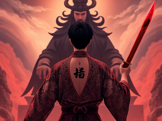A man with short black hair holds a magical glowing red and black Chinese-style straight short katana in his right hand. He wears intricately designed traditional Chinese mythology clothing, featuring elaborate patterns and vibrant colors. A distinct black tattoo of a Chinese symbol is on the back left side of his neck. He stands facing away, gazing at the towering figure of Shangdi, the supreme god with long flowing black hair and a thick long black beard, who sits cross-legged before him. He is getting ready to fight. The scene is illustrated in a detailed and vibrant anime style with dynamic lighting and vivid contrasts.