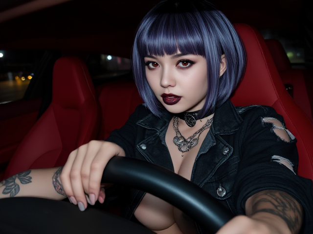 Young nymph Goth girl, 25 years, dark makeup, black lipstick, purple silver short hair with bangs, driving a hypercar with red leather interior, joint in mouth, red high eyes, ripped open black grey denim jacket, shorts, neck to belly tattoo, arm and leg tattoos.