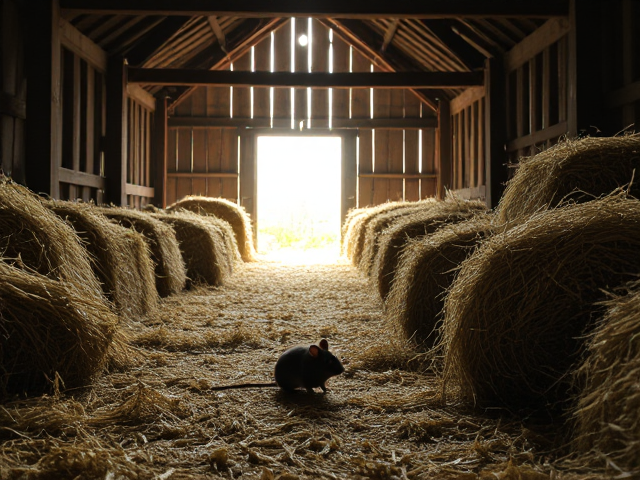Mouse in a rustic barn, surrounded by hay bales and wooden beams, with sunlight filtering through cracks in the walls, detailed textures