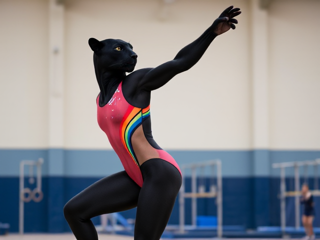 Anthropomorphic black panther with a sleek, athletic build, wearing a vibrant and colorful gymnastics leotard, performing an impressive routine in a brightly lit gymnasium. Gymnastic equipment like rings, parallel bars, and mats can be seen in the background. The panther is captured in a dynamic pose, showcasing grace and power