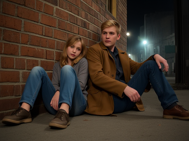 a petite, 13-year-old girl with strawberry blonde hair, wearing jeans and a hooded pullover, sits slumped with her back against a brick wall, feet forward, legs outstretched. Next to her sits a modern-day male vampire, 28 years old, with pale skin and blonde hair, dressed in jeans and a brown trenchcoat. The vampire is slumped against the wall as well, feet forwards, legs outstretched. The girl has a forlorn look and rests her head on the vampire's shoulder. Set at night in an abandoned warehouse, in a holding room with no windows. The vampire is roughed up from a fight. Both have their backs against the wall. 
The vampire looks straight ahead, worried.. they're in a locked room. Seen through a window in the door. Both have their egs outstretched, feet forward, flat on the ground.