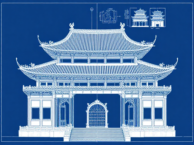 A highly contrasted blueprint of a large Chinese temple, with a front view and top details. The drawing is split in half to reveal the interior, with additional detailed sketches shown above. White lines on a deep blue background.