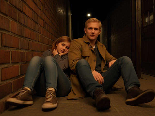 a petite, 13-year-old girl with strawberry blonde hair, wearing jeans and a hooded pullover, sits slumped with her back against a brick wall, feet forward, legs outstretched. Next to her sits a modern-day male vampire, 28 years old, with pale skin and blonde hair, dressed in jeans and a brown trenchcoat. The vampire is slumped against the wall as well, feet forwards, legs outstretched. The girl has a forlorn look and rests her head on the vampire's shoulder. Set at night in an abandoned warehouse, in a holding room with no windows. The vampire is roughed up from a fight. Both have their backs against the wall. 
The vampire looks straight ahead, worried.. they're in a locked room. Seen through a window in the door. Both have their egs outstretched, feet forward, flat on the ground.