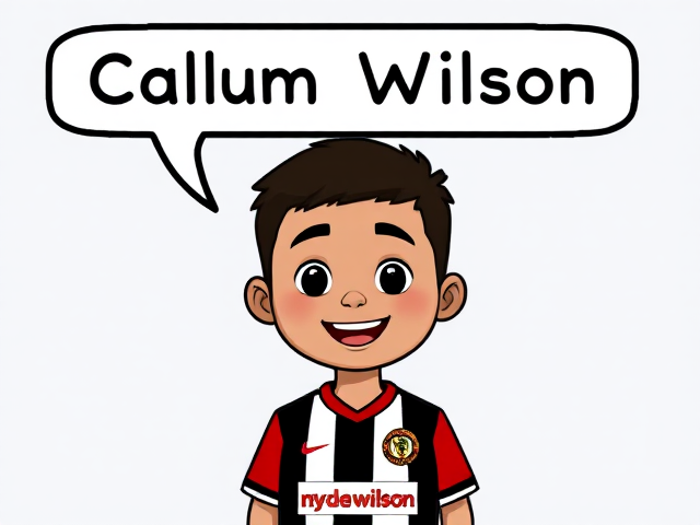 A cartoon image of a young boy on a newcastle united shirt with a speech bubble saying "Callum Wilson"
