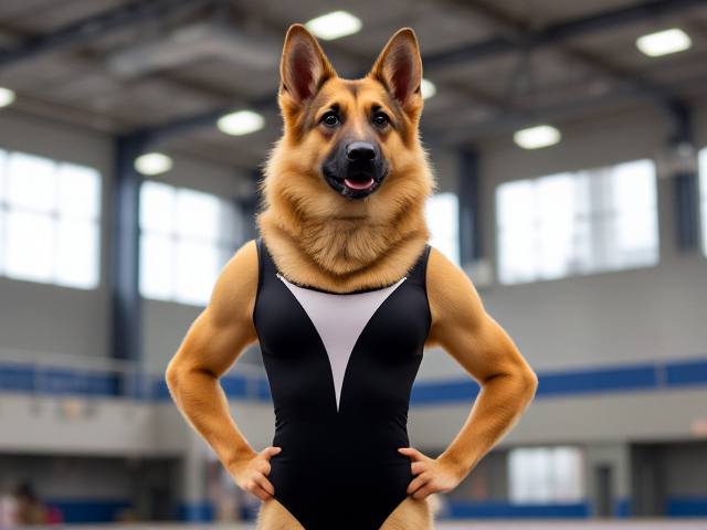 A anthropomorphic German shepherd with blonde hair wearing a gymnastics leotard in a gymnasium